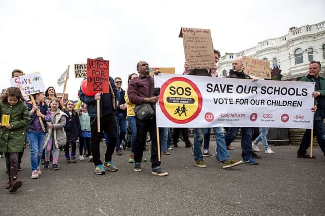 Hundreds of people took part in the Save Our Schools rally in Worthing on Sunday. Picture: Sam Pharoah