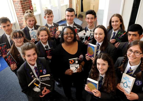 British writer and former Children's Laureate Malorie Blackman with students. Picture: Steve Robards SR1709853