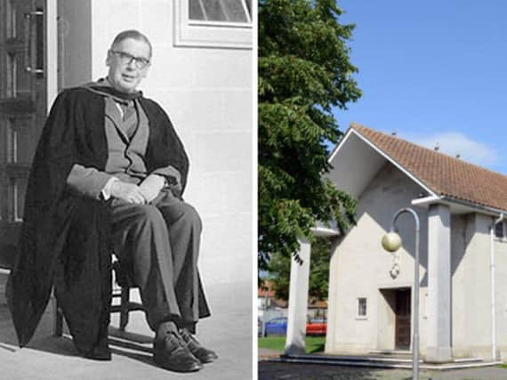 Lewes Grammar School Headmaster Neville Bradshaw is pictured beside the chapel he created in memory of 55 of his former pupils killed in World War II. A registered war memorial, the chapel was completed in 1960.