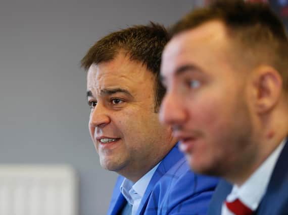 Crawley Town Football Club owner Mr Ziya Eren and director Selim Gaygusuz speak during a press conference at the Checkatrade.com Stadium in Crawley after the departure of Head Coach Dermot Drummy and his assistant Matt Gray. Picture James Boardman  Telephoto Images