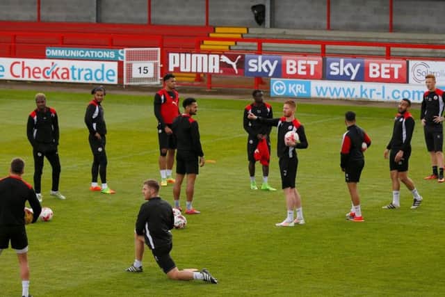 Crawley Town player and caretaker manager Matt Harrold takes the team's training session at the Checkatrade Stadium today ahead of taking charge in their final match of the season against Mansfield Town.
Picture by James Boardman, Telephoto Images.