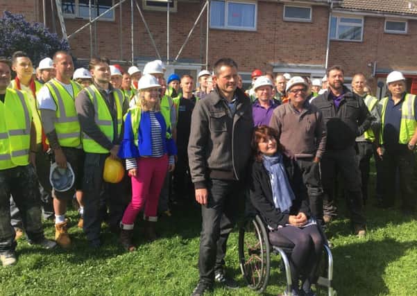 DIY SOS in Yapton begins. Amanda and husband Vic with Nick Knowles and all the volunteer traders