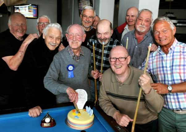 100-year-old snooker player Mick Lucas with friends at the Senior Snooker club seen here at Clubcue Leisure. Picture: Steve Robards
