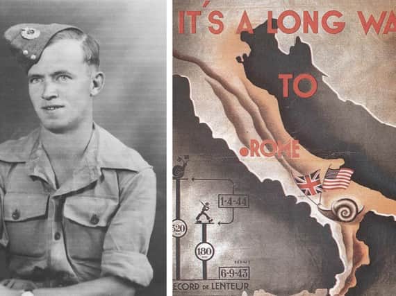 Fred Moore, a former Lewes schoolboy, who died from shrapnel wounds in October 1944 during the Italian Campaign. Alongside him is a German propaganda poster from that same year decrying the slow progress of the Allied advance up the boot-like peninsula of Italy.