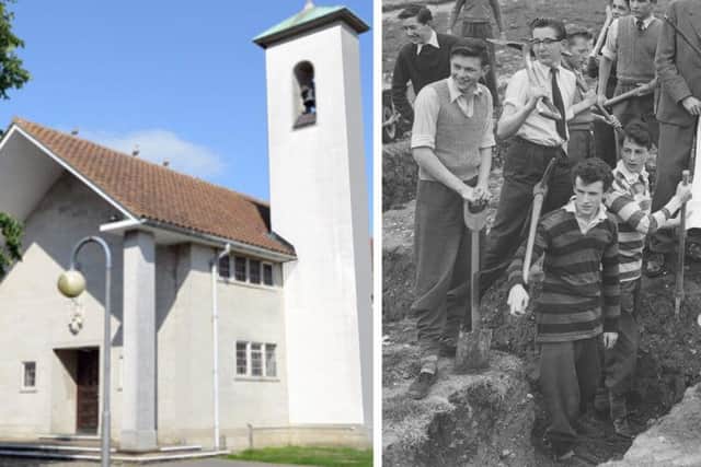 The Memorial Chapel as it is today in the grounds of Priory School, Lewes. The other photograph (supplied by John Davey) shows Grammar School boys helping dig the buildings foundations. The chapel was completed in 1960. Website: www.lewesprioryschoolmemorialchapeltrust.org