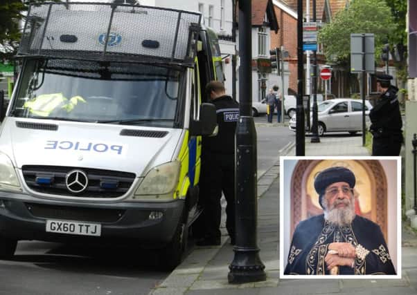 There was a heavy police presence in Steyne Gardens for the visit of Pope Tawadros II (right). Picture: Coptic Church UK
