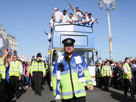 The police were out in force at the Brighton and Hove Albion parade (Photograph: Eddie Mitchell)