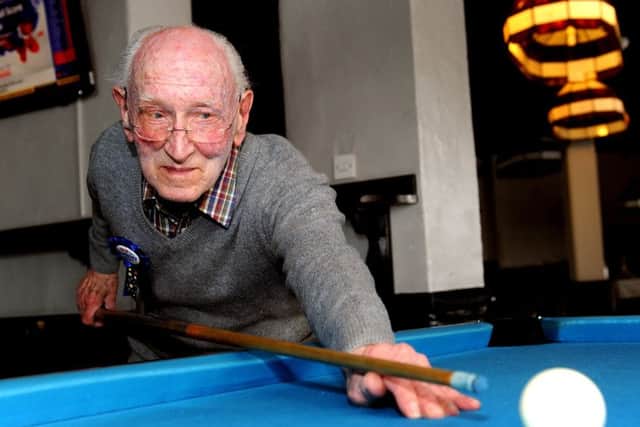 100 year old snooker player Mick Lucas with friends at the Senior Snooker club seen here at Clubcue Leisure. Pic Steve Robards SR1710114 SUS-170905-173804001