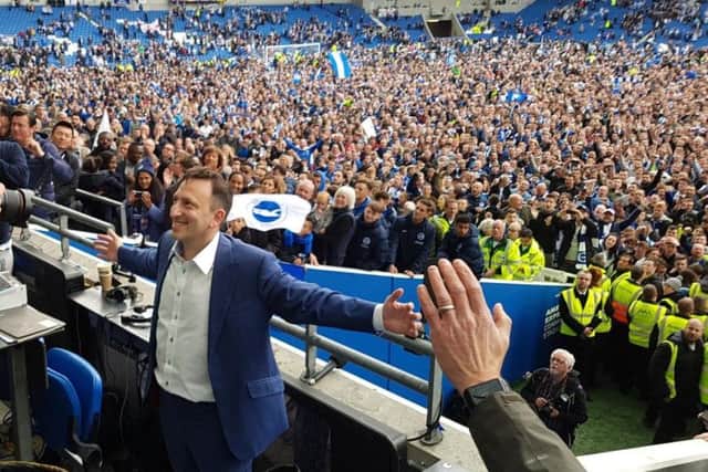 Tony Bloom at the Amex after Brighton and Hove Albion were promoted to the Premier League (Photograph: Steve Bailey)