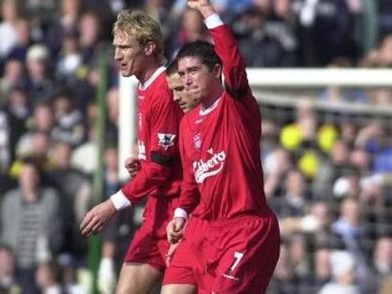 Harry Kewell of Liverpool celebrates scoring against Leeds at Elland Road. 29/2/04.
Picture by Gary Longbottom