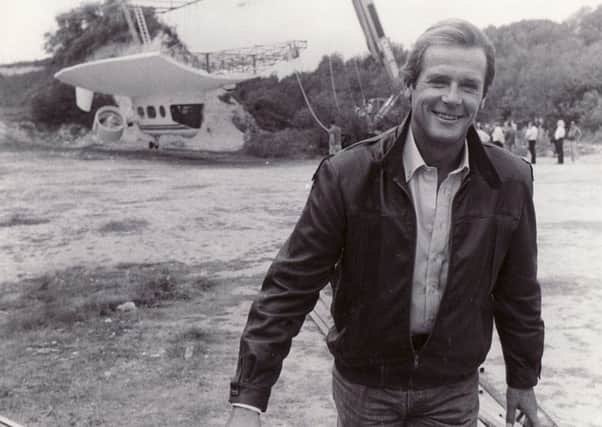 Roger Moore pictured in September 1984 during the filming of A View To A Kill