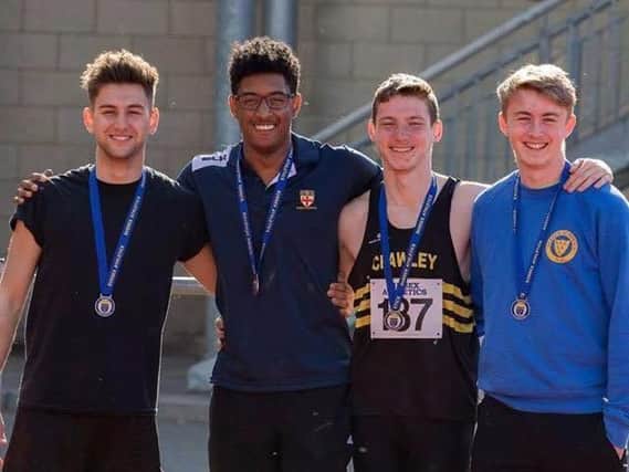 Crawley AC's U20 Men 4x100m Relay club record breaking team of Nathan Packham, Josh Persad, Jamie Holme and Rhys Turner.
Picture by Mark Holme.