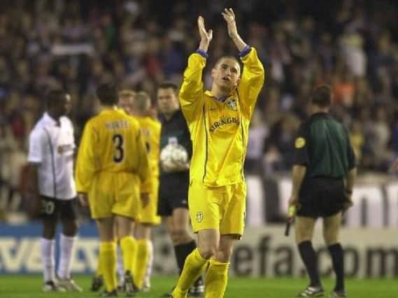 Harry Kewell salutes the fans at the final whistle playing for Leeds United v Valencia in 2001.
Picture by: Mark Bickerdike