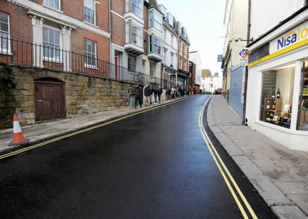 New pavement at the bottom of the High Street, Hastings Old Town. Not paved with gold