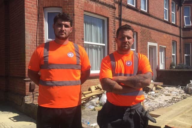 Bradley King, 23, (left) and Louie Daly, 27, carpenters of Bear Walter Construction, had been working on a roof in Salisbury Road when armed police came in and cordoned off the road after reports of weapons in a house SUS-170525-154730001