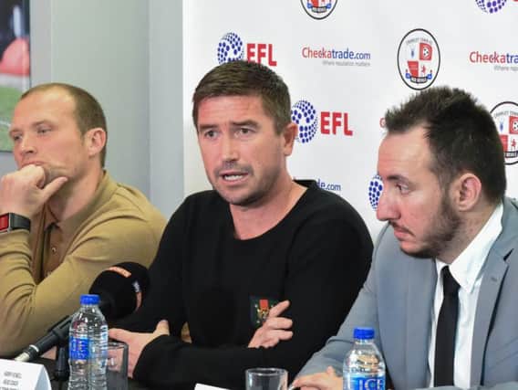 New Crawley Town head coach Harry Kewell, middle, speaking at the press conference at the Checkatrade Stadium.
Picture by Phil Westlake (PW Sporting Photography).