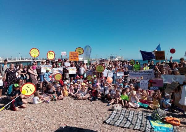 Worthing beach was filled with parents and children for the Save Our Schools West Sussex demonstration on Friday, May 26