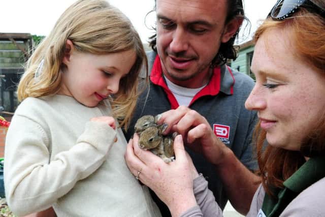 Animal care manager Emma Pink with Max Powell and his daughter Bertie. Picture: Kate Shemilt ks170936-4
