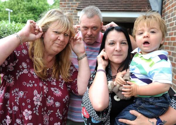Carolyn Harris her partner Shaun, Fran Defeo and her son Riccardo Matthews. They are neighbours who had a loud fire alarm sounding all weekend from Busy Bees nursery opposite their homes. Pic Steve Robards SR1712210 SUS-170530-145142001