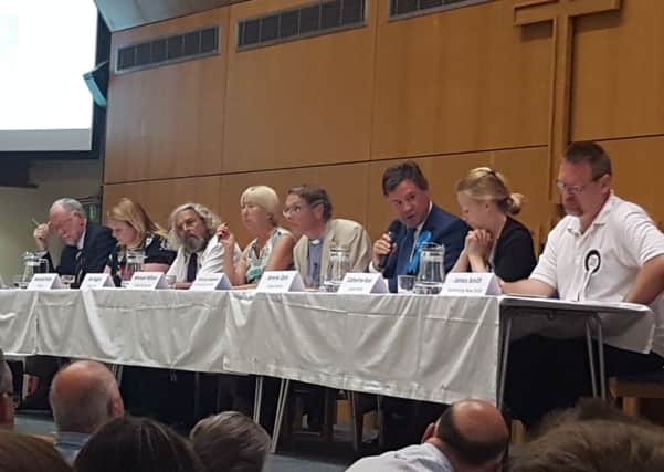(l-r), UKIP's Roger Arthur, Labour's Susannah Brady, Jim Duggan of the Peace Party, Lib Dem Morwen Millson, chair Canon Guy Bridgewater, Conservative Jeremy Quin, Catherine Ross of the Green Party, James Smith of Something New