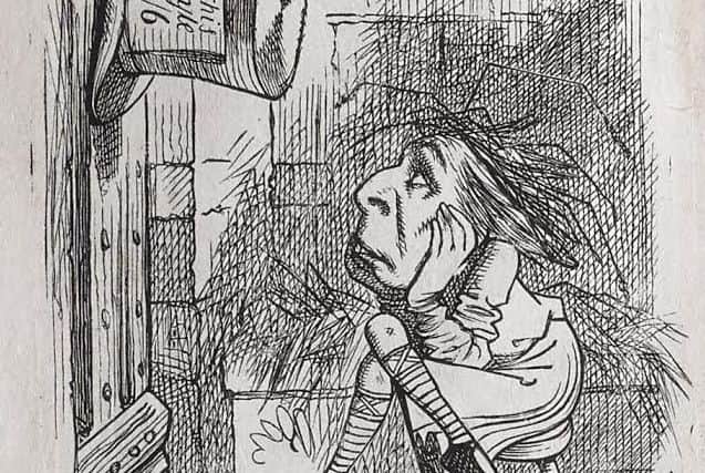 Image: Hatter in Prison. This was the first, rejected version of the illustration known as 'Living Backwards' or the 'Hatter in Prison'. It appears in the album as a flap; if you lift the flap you see the final illustration. Dalziel after John Tenniel, illustration for 'Wool and Water', in Lewis Carroll Through the Looking-Glass, and What Alice Found There (London: Macmillan, 1871). Picture credit: By Permission of the Trustees of The British Museum. All Rights Reserved Â© Sylph Editions, 2016