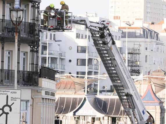 Crews remain at the scene of a fire in the Royal Albion Hotel. Photo by Eddie Mitchell.