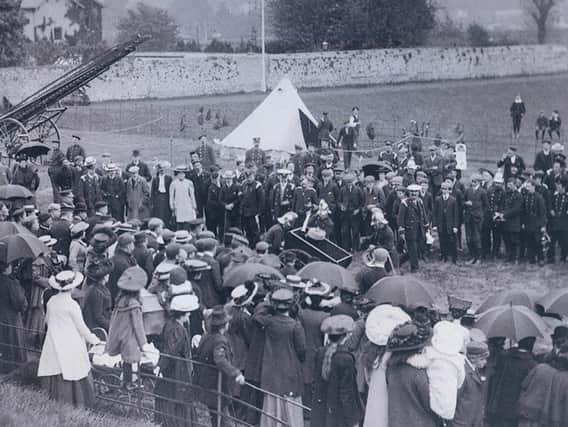 In Victorian times the Dripping Pan sports field in Lewes was a popular venue for special events. This photograph from the Edward Reeves Archive depicts the towns firemen demonstrating their latest fire appliance. The flint wall and grass bank in the background remain to this day.