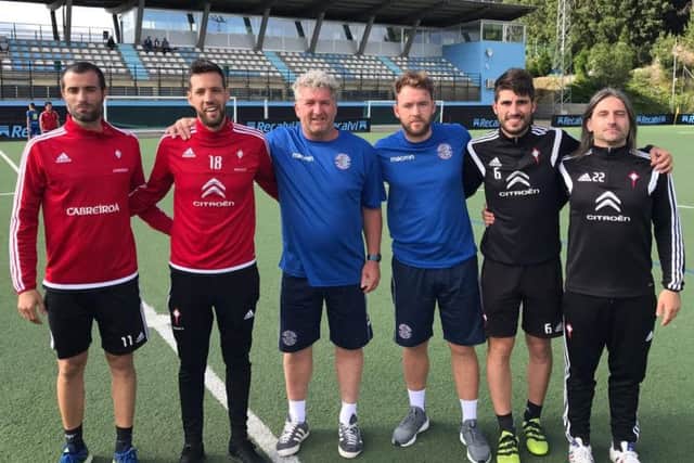 Hastings United Football Club academy director Dean White with first team assistant manager and academy head of coaching and recruitment Chris Agutter with senior academy staff from La Liga giants Celta Vigo.