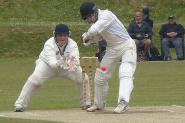 Leo Cammish shapes up to go on the attack during his brisk unbeaten half-century which steered Priory to victory.