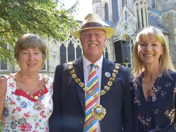 Mayor of Chichester Peter Evans; Mayoress, Cllr Margaret Evans; and Chichester-based novelist Kate Mosse launch the 2017 Festival of Chichester