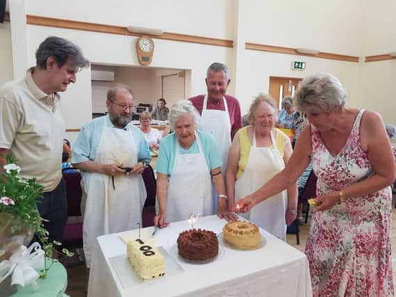 Group tutor Fred Marchant, Dennis Hugget, birthday girl Win, Alan Reed, Linda Fuller and Anne King who baked the cake. SUS-170620-160041001