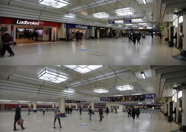 The approach to platforms 15-19 - before and after the work to extend ticket barriers