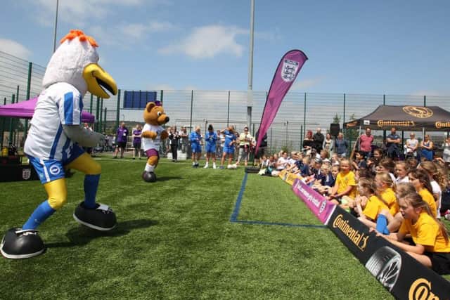 Hundreds of kids are entertained by the Brighton & Hove Albion and WSL mascots