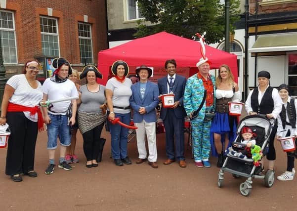 Uncle Bumble and Deputy Mayor Cllr Azad support Special Kids Bexhill pirate themed collection SUS-170627-103225001