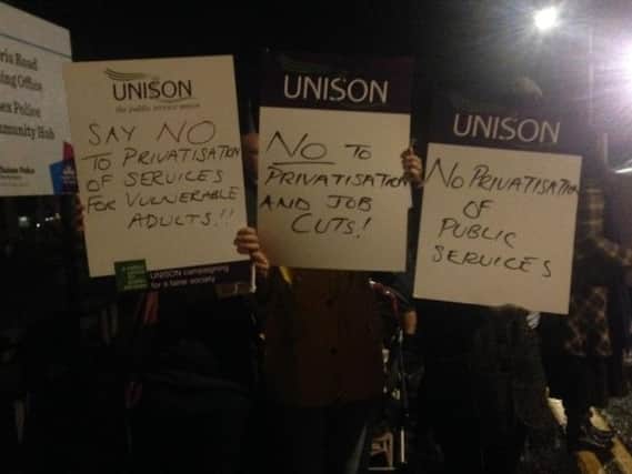 UNISON members protesting outside a council meeting in 2015, when outsourcing of learning disability accommodation services was on the cards
