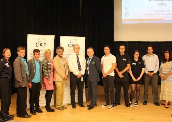 Students and other partners at the launch, including the principal of the Hastings Academy, Stuart Smith, leader of Hastings Borough Council Cllr Peter Chowney, and Henry and Sally Maybury