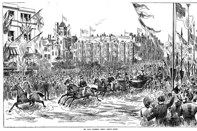 From the Hastings Observer, Proceeding at what appears to be speed along the seafront past Warrior Square with St Mary Magdalen Church, if this were the standard of horsemanship it would explain the Observer's totally unsympathetic report "One old lady from the country got a nasty kick. It was very unfortunate for her, but her huge dimensions could not very well escape. A moment or two afterwards the horse kicked again, but this time it was away from the enthusiastic crowd. Still, the old lady's fears were alarmed, and her calls were pitiful to hear. Her nerves had had such a shaking." SUS-170626-125931001
