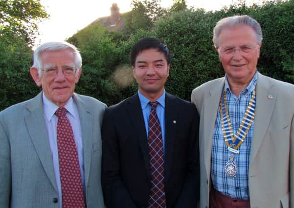 Ambassadorial Scholar Yoshi from Japan, flanked by West Worthing Rotary Club president John Bayley (right) and Rotarian David Lowe (left) who acts as mentor and support for Yoshi while he purses his studies in England