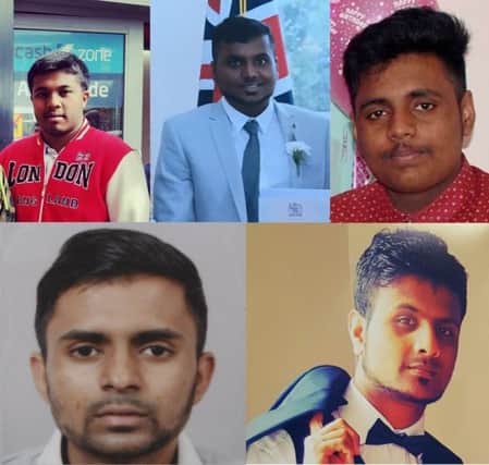 The five friends who died at Camber Sands in August. (Clockwise from top left) Nitharshan Ravi, brothers Kobinathan and Kenugen Saththiyanathan, Inthushan Sriskantharasa and Kurushanth Srithavarajah SUS-170314-163223001