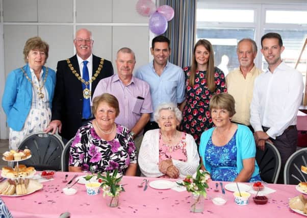 Joan Kent and family with Chichester mayor and mayoress Peter and Margaret Evans at the 100th birthday party. Picture: Derek Martin DM17630889a