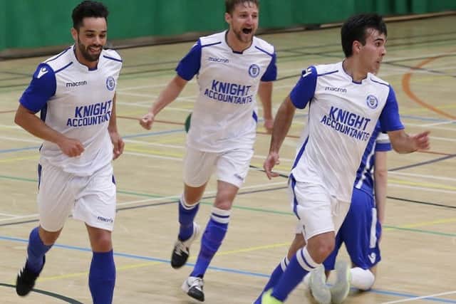 Sussex Futsal celebrate scoring in the semi-final victory over Manchester. Picture courtesy Joe Knight