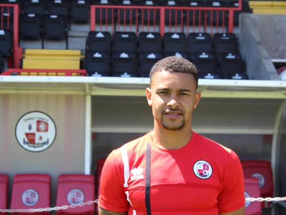 Dennon Lewis arrives at the Checkatrade Stadium.
Picture courtesy of Crawley Town