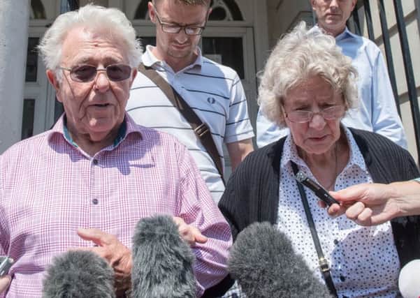 Peter and Elizabeth Skelton, parents of Susan Nicholson, speaking outside court after Robert Trigg was sentenced for her murder. Picture: SWNS