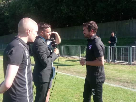 Crawley Town head coach Harry Kewell speaks to Sky TV after the East Grinstead game. Picture by Graham Carter