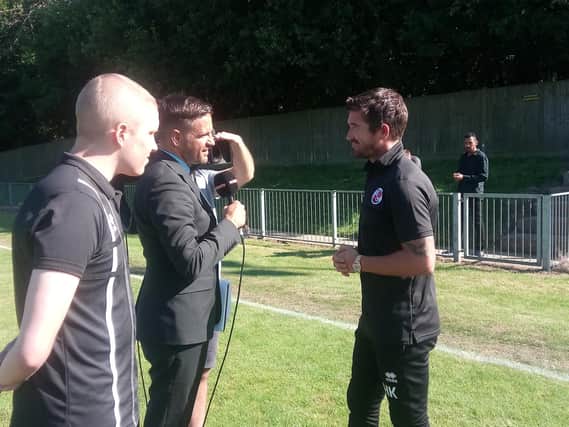 Crawley Town head coach Harry Kewell speaks to Sky TV after the East Grinstead Town game. Picture by Graham Carter