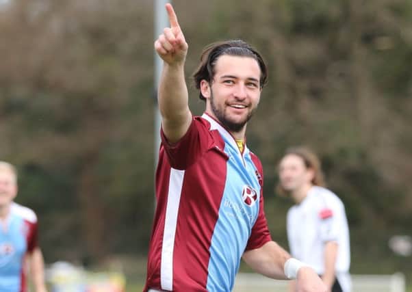 Billy Medlock celebrates scoring on his last appearance for Hastings United against Molesey in April 2016. Picture courtesy Scott White