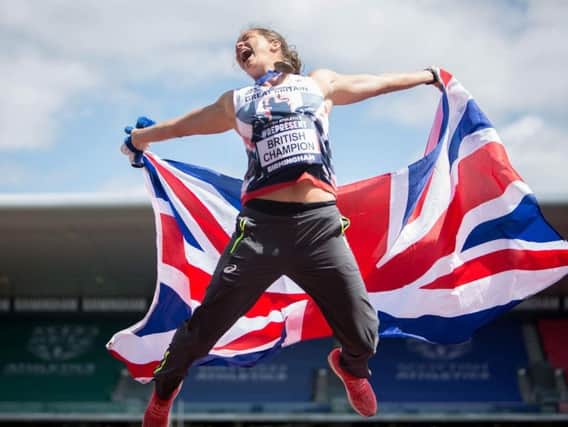 Jade Lally jumps for joy after winning the British Championship at the Alexander Stadium in Birmingham.  
Picture by Jodi Hanagan.