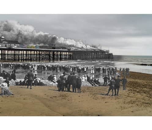 Composite pictures by Kieron Pelling merge scenes of the 1917 Hastings Pier fire with modern views SUS-171207-173205001