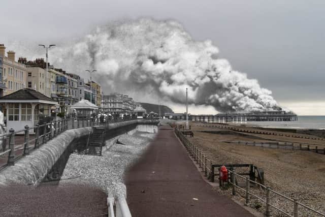 Composite pictures by Kieron Pelling merge scenes of the 1917 Hastings Pier fire with modern views SUS-171207-173216001
