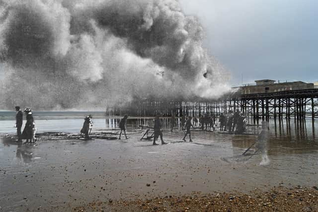 Composite pictures by Kieron Pelling merge scenes of the 1917 Hastings Pier fire with modern views SUS-171207-173154001